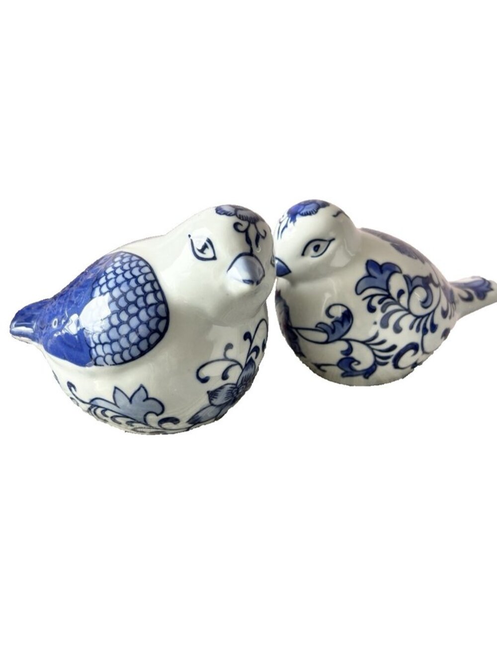 PAIR Birds Chinoserie Blue & White Hand Painted Floral Delft Ceramic Figurines